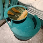 Green Velvet Cylindrical Nightstand with Gold Mirror Stainless Steel Top & Rotating Storage